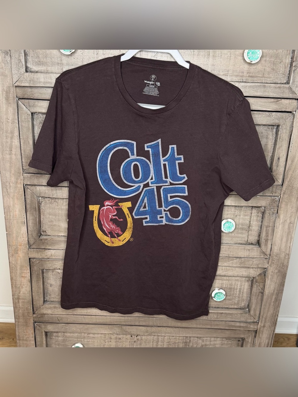 Wrangler Colt 45 Brown Graphic Logo Crew Neck Short Sleeve T-Shirt Size M